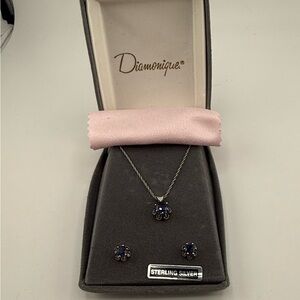 Vintage Diamonique .925 Silver Necklace and Sapphire Earrings Jewelry Set NEW!